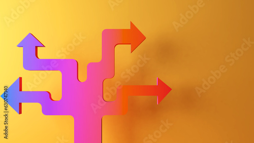 Multi-directional arrows on yellow background , choose between several potential future options and scenarios,3d rendering