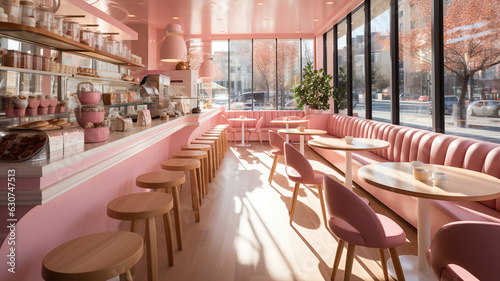 Modern pastry shop with barbie pink laminate cladding