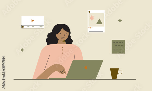 woman use laptop computer do social media online content, freelance worker, working online, content creator, blogger, technology, website, social marketing, influencer.