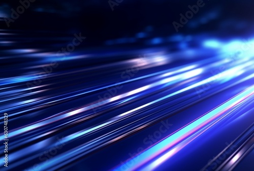 Abstract technology glowing futuristic blue light lines with speed motion blur effect on dark blue background. generative ai