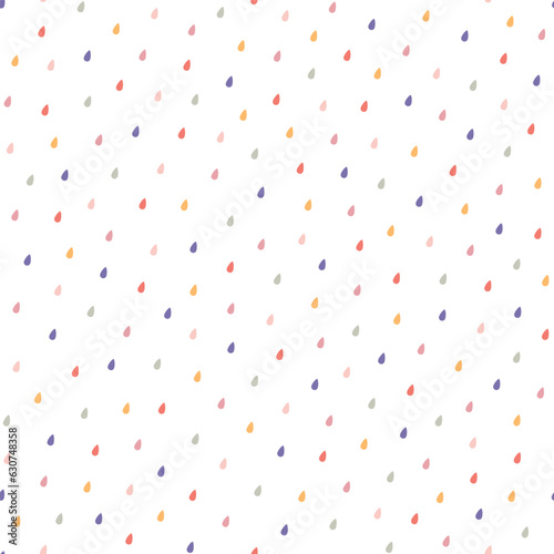 Cute hand drawn seamless vector pattern with colorful rain drops. Fun weather background for kids room decor, nursery art, packaging, wrapping paper, textile, print, fabric, wallpaper, gift, apparel.
