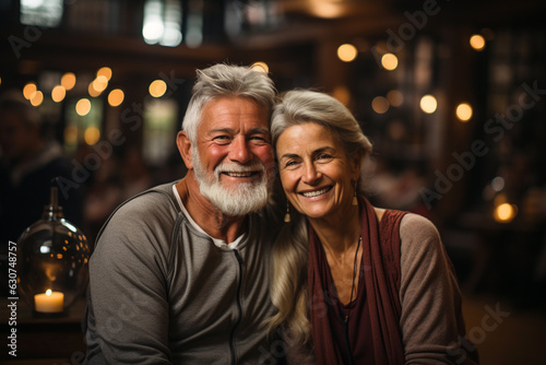 Senior cheerful active smiling mature couple looks happy sitting in the restaurant cafe bar, happily retired. Romantic elderly healthy lifestyle, family relationship concept. Generative AI