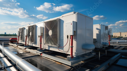 Air conditioners on the roof of a building in an industrial area. Generative AI