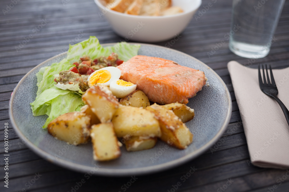 Baked salmon fillet with fried potato slices Baked salmon fillet with fried potato slices
