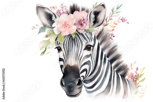 Watercolor paint illustration of zebra portrait in flowers on white