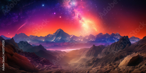 illustration of high mountains range under the red Vivid Sky