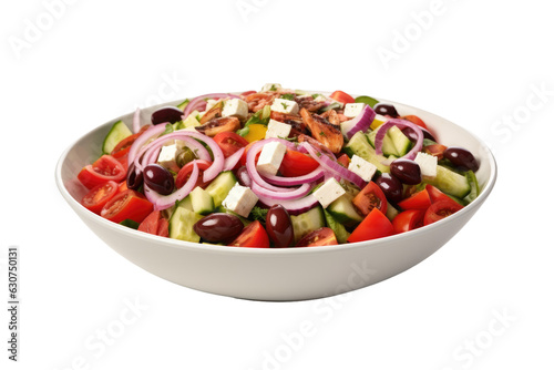 The Greek salad's fresh components land gracefully in a bowl placed against a plain white backdrop.