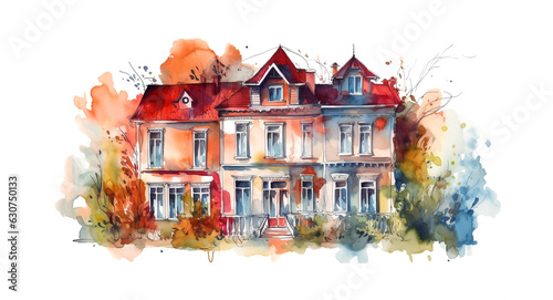 watercolor painting illustration of colorful two-storied house front side