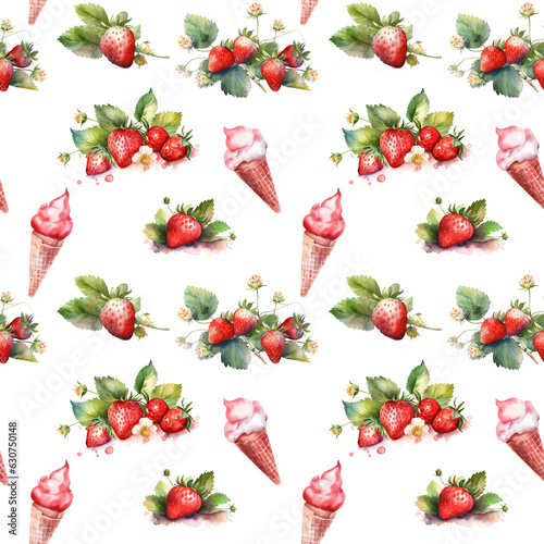 seamless pattern of watercolor illustrations ice creams and strawberries