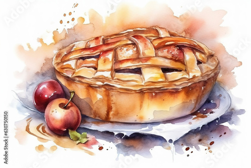 watercolor illustration painting of fresh tasty sweet apple pie photo