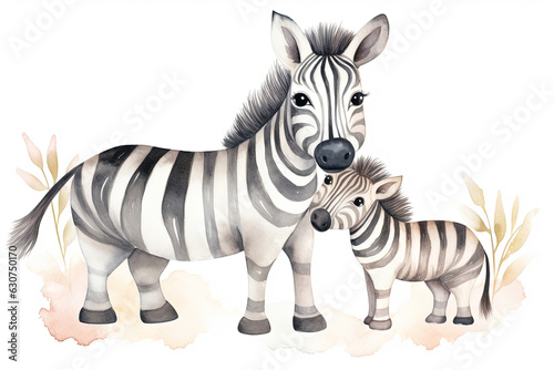 watercolor painting illustration of zebra with a small foal
