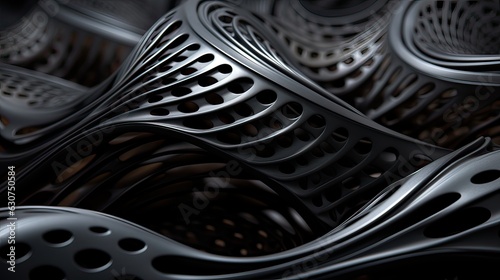 Black parametric texture background wall. Abstract lines. Dark background. Wavy surface. Tor view.