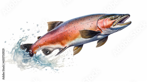Salmon jumping from water isolated on white background, AI Generative