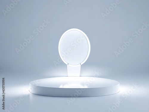 White round podium product presentation display with a mirror on the white background mockup empty room with spotlights. 3D rendering