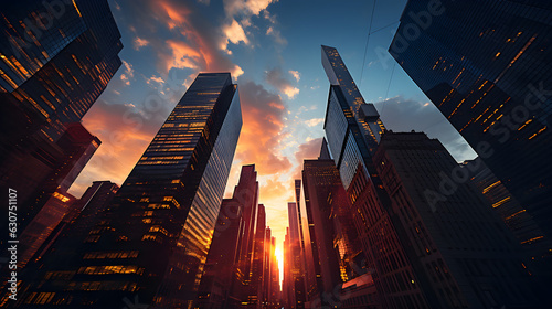 Towering Skyscrapers Reaching into a Vibrant Sunset Sky: A Dreamy Low-Angle View in a Bustling Metropolis. Generative Ai.  © Philipp