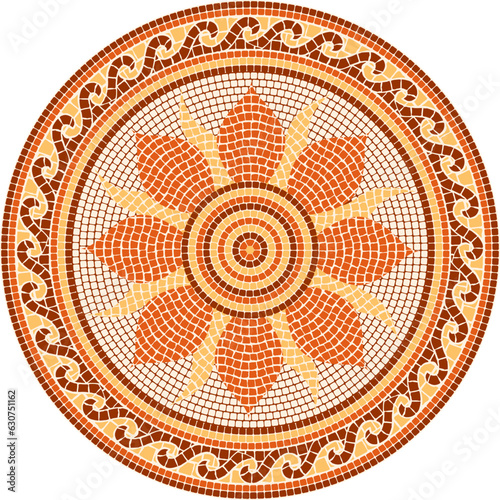 Circular mosaic ornament with the sun in bright orange, yellow and brown colors . For ceramics, tiles, ornaments, backgrounds and other projects