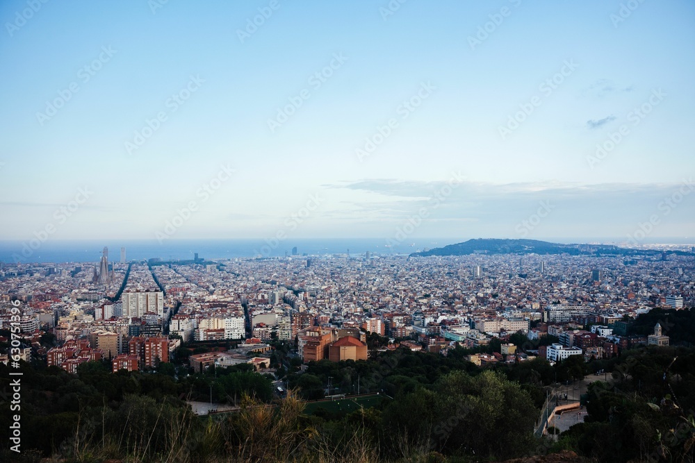 Cityscape of Barcelona under the sunlight and a blue sky in Spain