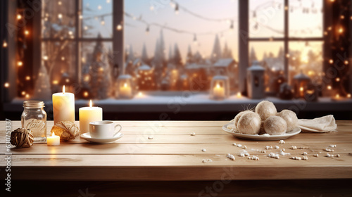 Nordic Elegance  A Serene Christmas Kitchen with an Inviting Empty Wooden Table. Generative AI