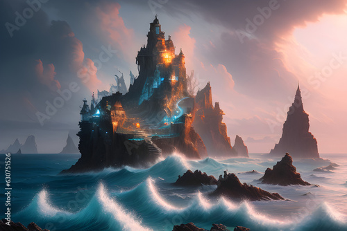 Magical seascape, raging waves, magic castle,Generative AI