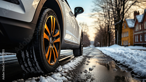 Car with winter tires in winter, snow and road, Generative AI © coco