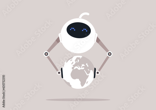 A cute white robot holding a planet in its hands