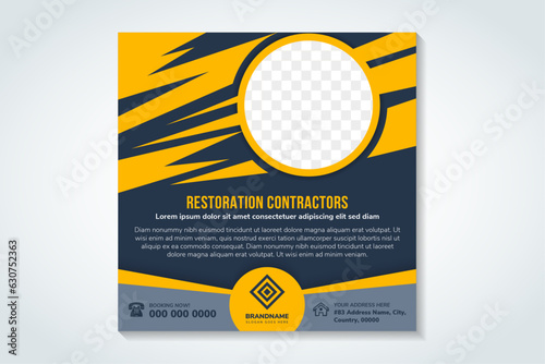 A flyer design for a restoration contractors, home for sale social media post, square real estate layout design, living web banner template, property company with photo space. purple and yellow colors