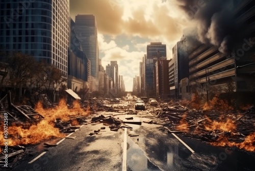 Foto view of an asphalt road in the middle of an urban area with buildings that have collapsed due to natural disasters