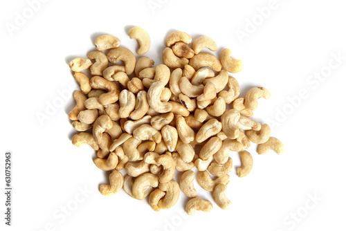 Cashew nut heap isolated on white background, top view. Nutritious nutty morsels