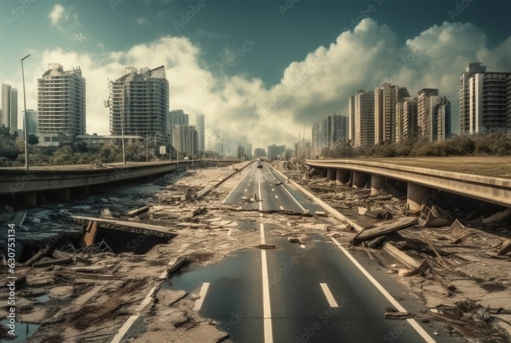 view of an asphalt road in the middle of an urban area with buildings that have collapsed due to natural disasters. generative ai