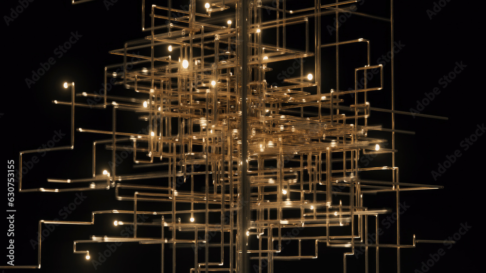3d render Golden labyrinth with neon fire rages in gatsby style