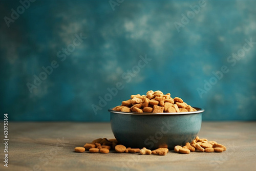 dog bowl with dry food on wooden table on blue background copy space generative ai pets care photo