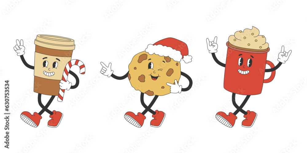 Set of cute cookie and coffee characters in y2k groovy style. Cartoon characters in trendy retro style for Christmas design. Set of cute cookie and coffee characters in y2k groovy style. Cartoon characters in trendy retro style for Christmas design.