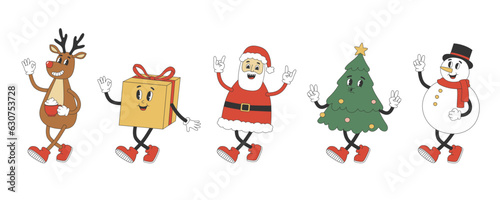 Groovy hippie Christmas characters. Cartoon characters in trendy retro style for winter Christmas design