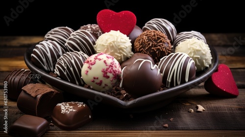 Dark, milk and white chocolate candies / pralines / truffles, assorted on wooden table. Dessert for Valentine's Day. © kardaska