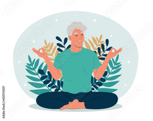 Healthy Aging month. Elderly man with closed eyes meditating in yoga lotus posture.