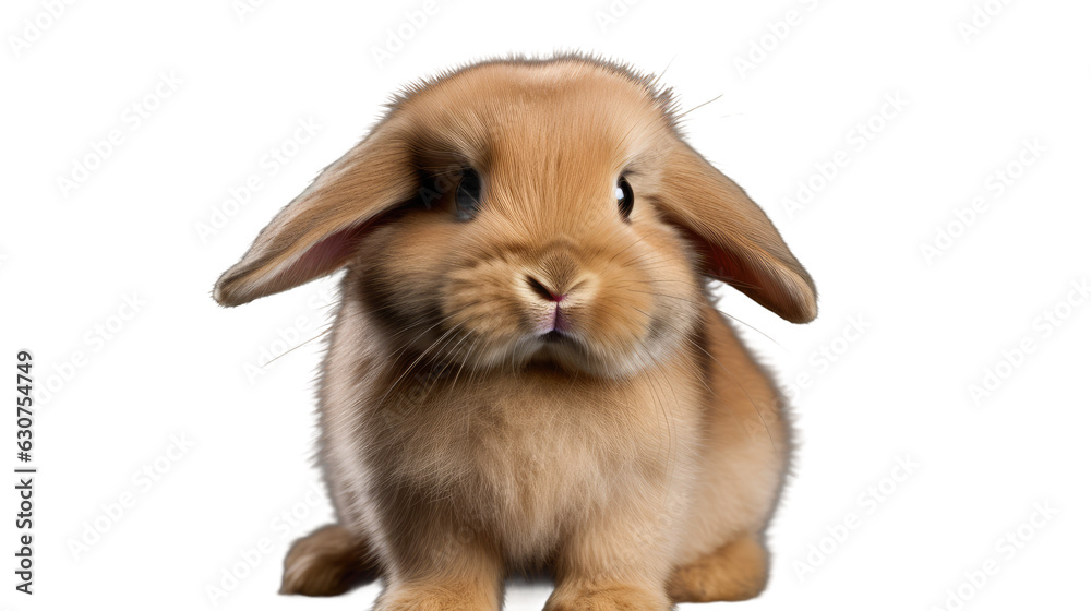 Obraz premium Frontal perspective of a delightful infant holland lop rabbit exhibiting a charming pose while positioned independently against a blank background. Embracing the adorable movements of this youthful