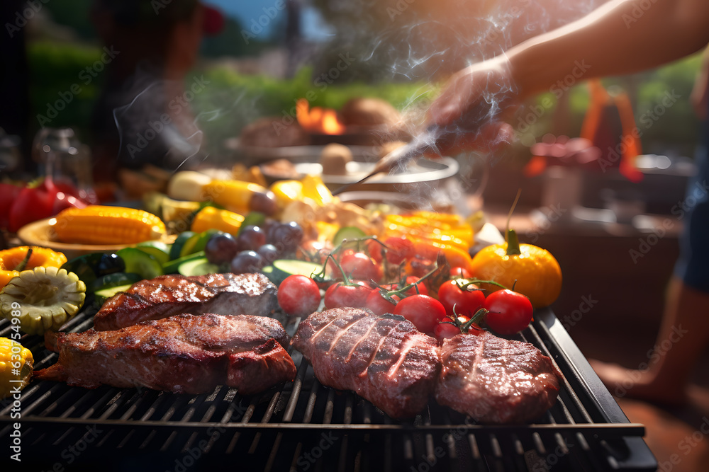 People grilling meat on a grill outside, barbeque created with Generative AI technology