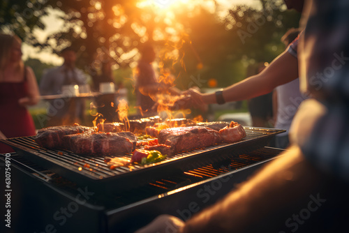 People grilling meat on a grill outside, barbeque created with Generative AI tec Fototapet