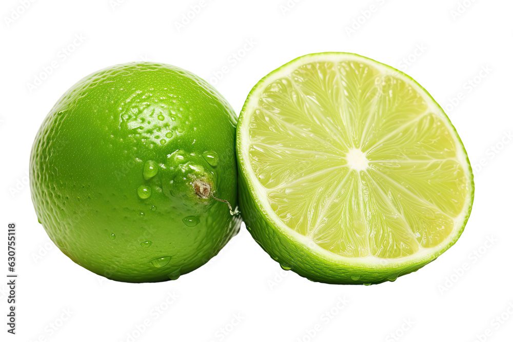 A white background showcases a fresh lime that has been sliced in half, revealing its natural qualities. Water droplets can be seen on the lime, providing a refreshing and hydrating appearance. The A white background showcases a fresh lime that has been sliced in half, revealing its natural qualities. Water droplets can be seen on the lime, providing a refreshing and hydrating appearance. The