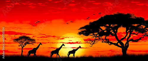 An African savannah landscape scene with safari animal silhouettes photo