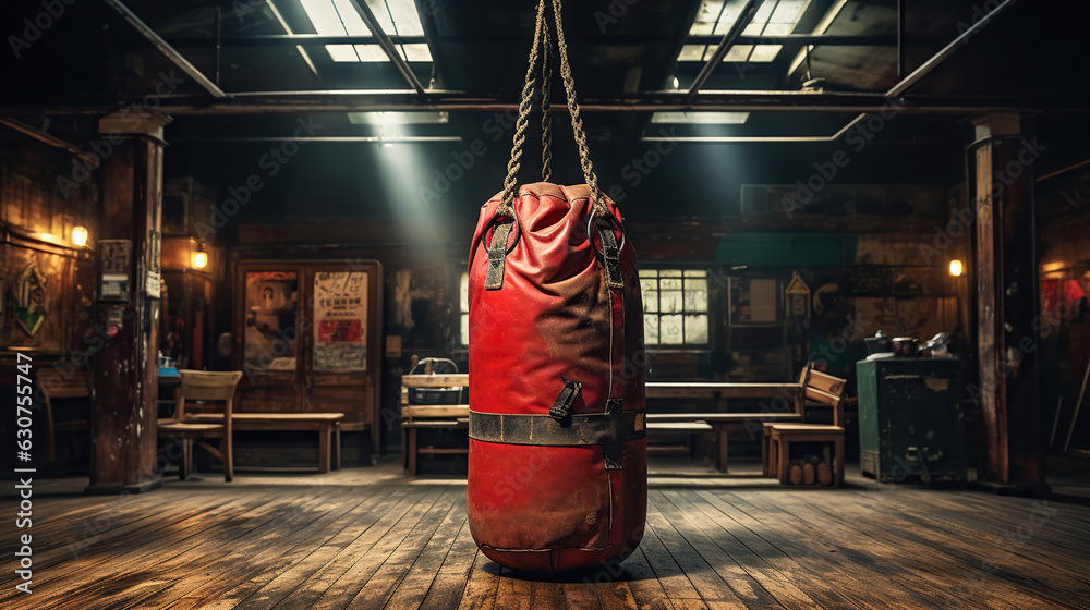 Timeless Workout, Vintage Gym Room with Classic Leather Boxing Bag