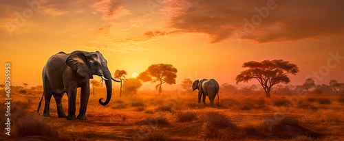 An African savannah landscape scene with safari animal silhouettes