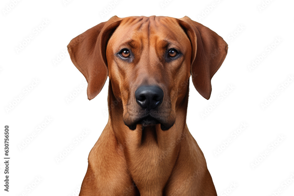 Studio photograph of a Rhodesian Ridgeback, a domesticated canine. The dog is posing for the portrait against a plain white backdrop.
