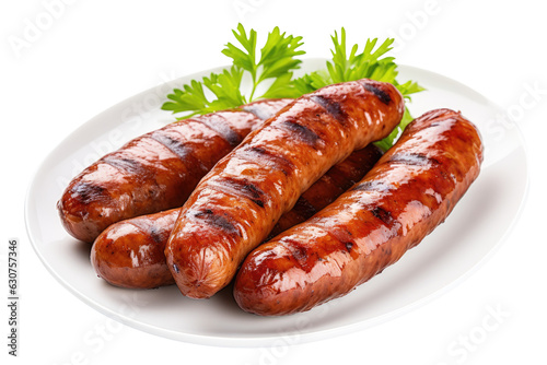 Grilled pork sausages, cooked sausages barbecued, separated on white backdrop. photo