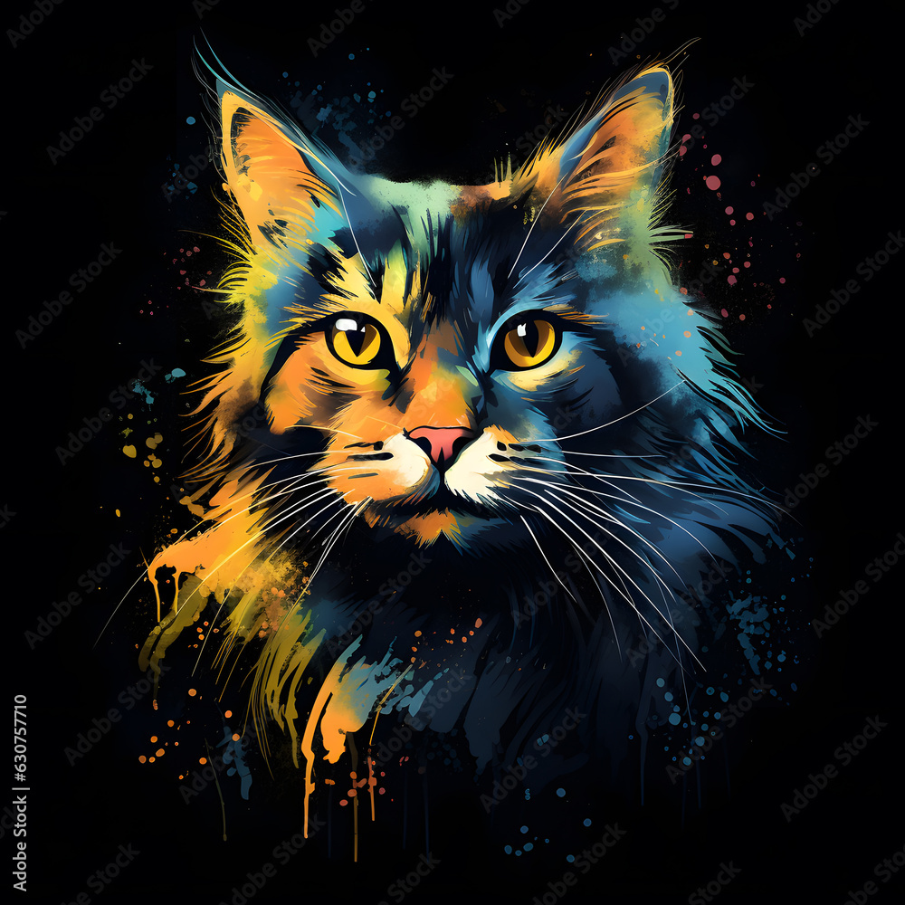 Vector art painting  portrait of cat with colorful colors isolated on black background created with Generative AI technology