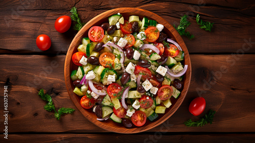 Classic Greek salad with fresh vegetables, feta cheese and olives. Healthy food. Wooden background. Top view