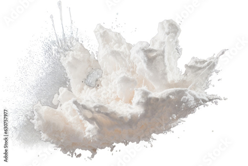 An explosion occurs as pure refined sugar is propelled into the air, forming a cloud of abstract white crystal sugar. The sugar particles come to a halt mid-air, creating an artistic design resembling