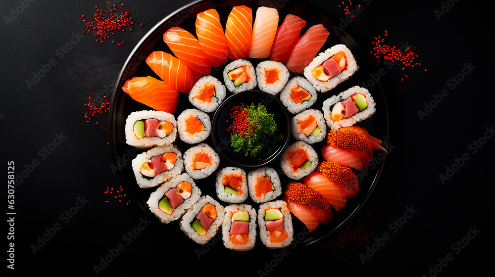 Assorted sushi, rolls and maki big set on dark background A variety of Japanese sushi with tuna, crab, salmon, eel and rolls. Top view Assorted sushi, rolls and maki big set on dark background A variety of Japanese sushi with tuna, crab, salmon, eel and rolls. Top view