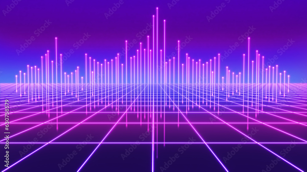 Background with a futuristic 1980s feel and a computerized retro cyber texture. 80s party background, sci-fi summer background, 80s vintage fashion.,3d rendering Background with a futuristic 1980s feel and a computerized retro cyber texture. 80s party background, sci-fi summer background, 80s vintage fashion.,3d rendering