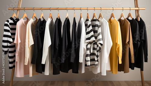 Wallpaper Mural Clothes, shirts on hangers on floor created with Generative AI technology Torontodigital.ca